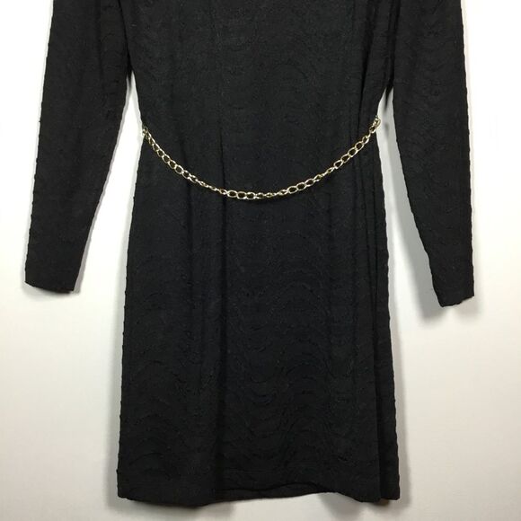 Long sleeve black midi dress with gold tone chain belt wavy pattern size 10 - Picture 6 of 7